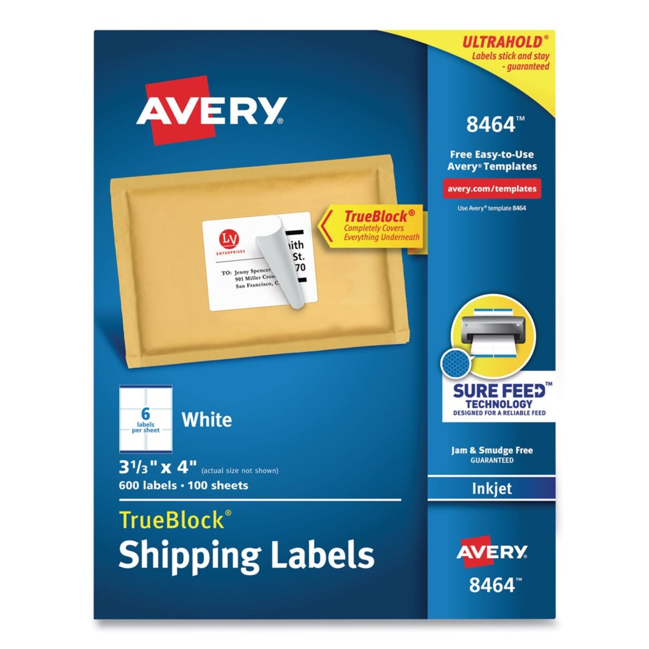 Avery 3.33 in. x 4 in. Shipping Labels with TrueBlock Technology for Inkjet Printers - White (6/Sheet, 100 Sheets/Box)